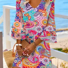 2023 Fashion Colorful Print Ruffle V-neck Half Sleeve Dress Female Casual Beachwear Women Short Skirt Straight Mid-waist Dressy