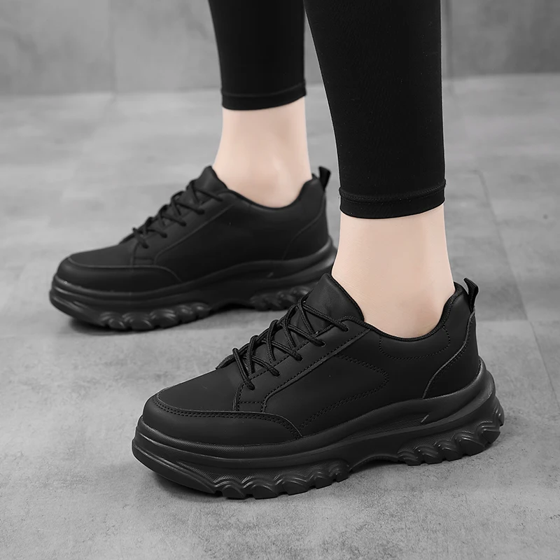 Women's Sneakers Fashion Thick Sole Casual Walking Shoes PU Lace Up Women's Height Increasing Shoes Breathable Comfortable White