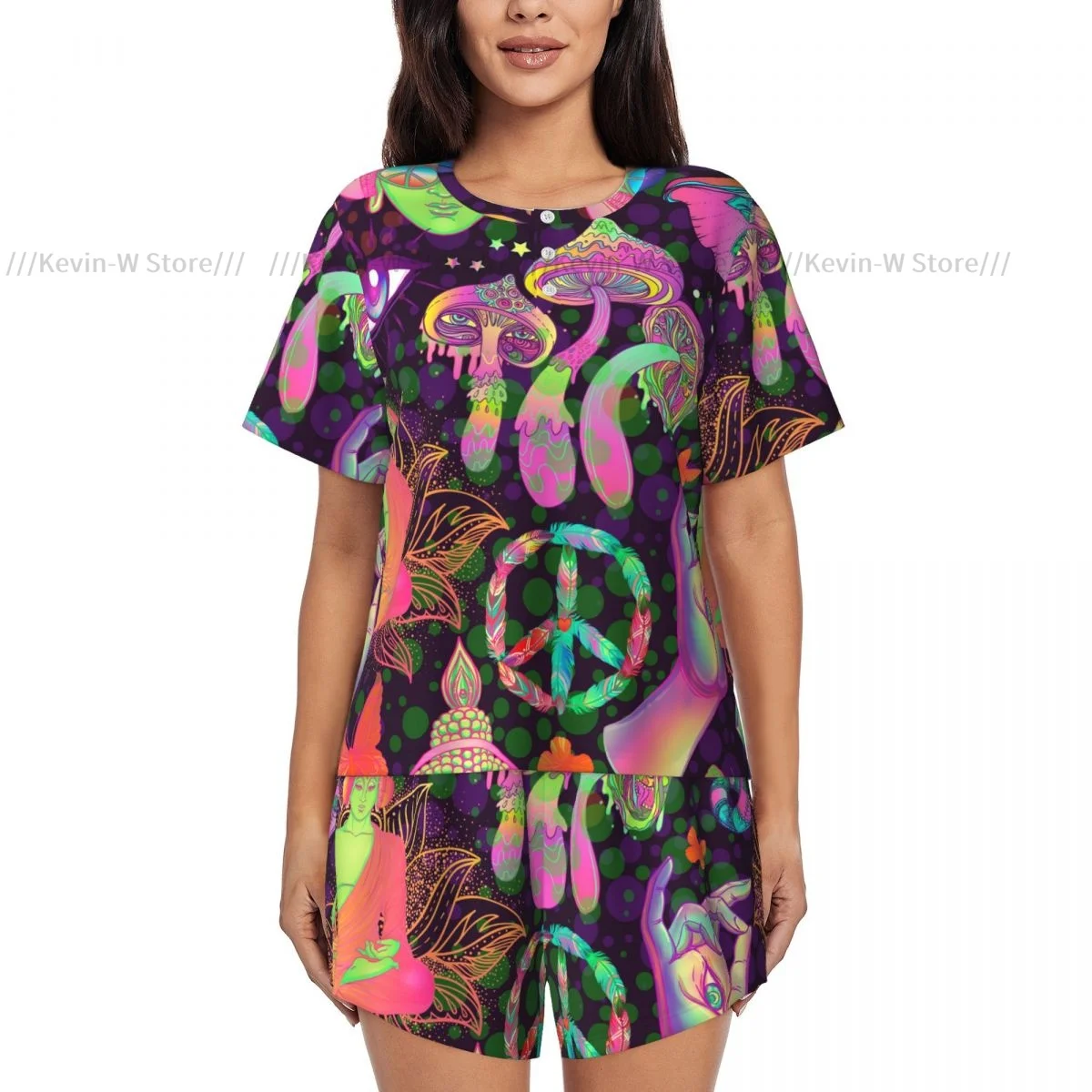 Женские пижамы с короткими рукавами триповые грибы знак мира бабочки комплект из