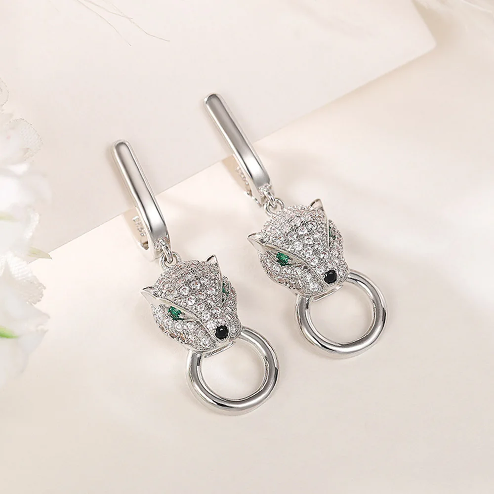 

New Fashion Green Leopard Dangle Earrings Sparking Cubic Zirconia Silver Color Ear Accessories Modern Jewelry Drop Ship