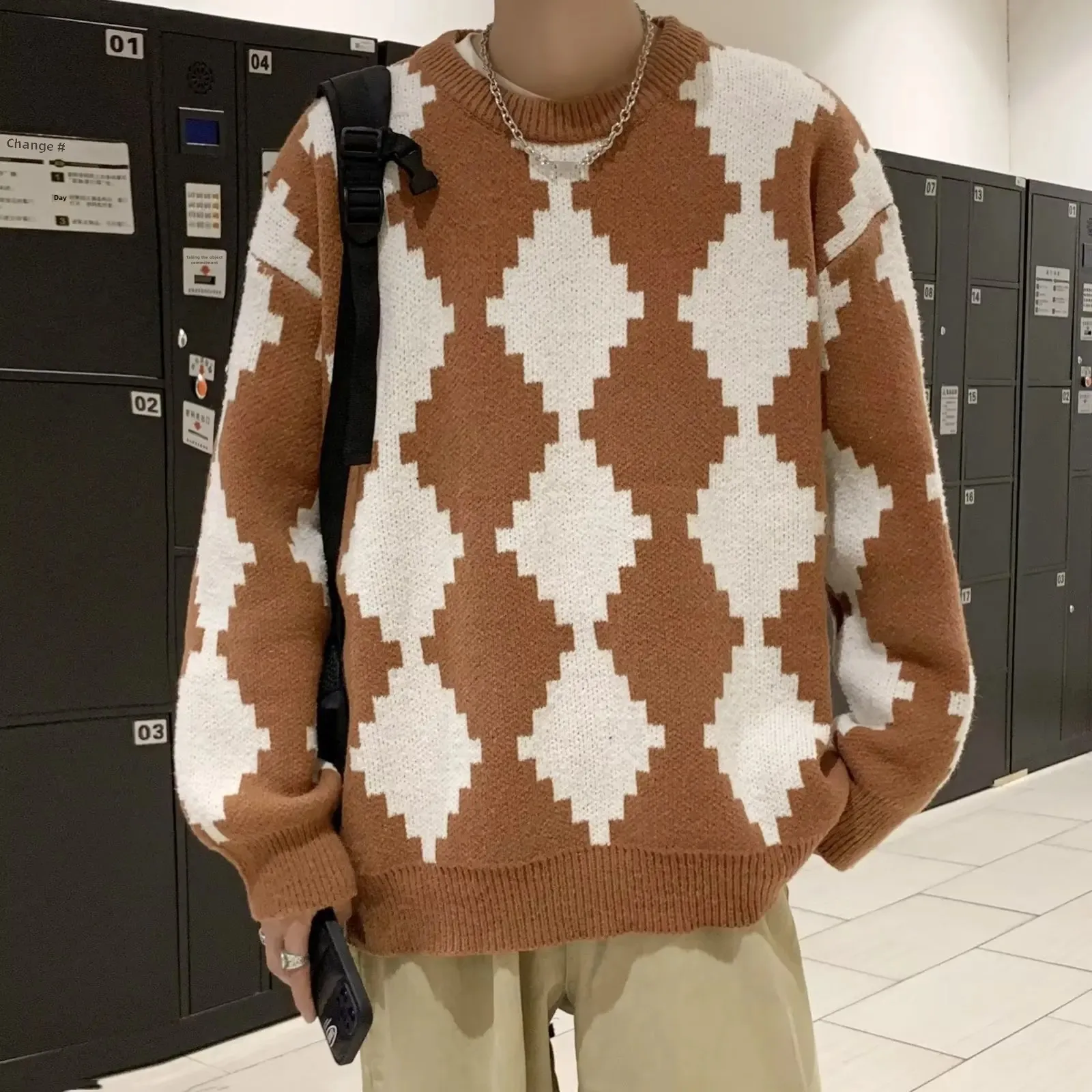 Autumn Winter Casual Idle Style Men's Sweater Round Neck Rhombus Thickened Knitted Top Youth Korean Fashion Loose-Fit