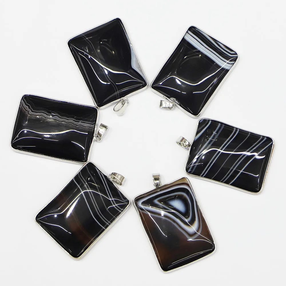 New Natural Stone Rectangle Black Onyx CAB Cabochon Necklace Pendant Women Jewelry Gift Accessories Wholesale 6Pcs Free Shipping