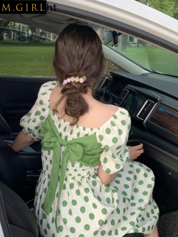 

Gaganight Women Bowknot Square Collar Polka Dot Dress 2022 Summer New Vintage Sweet French Gentle Temperament Waist Long Dresses