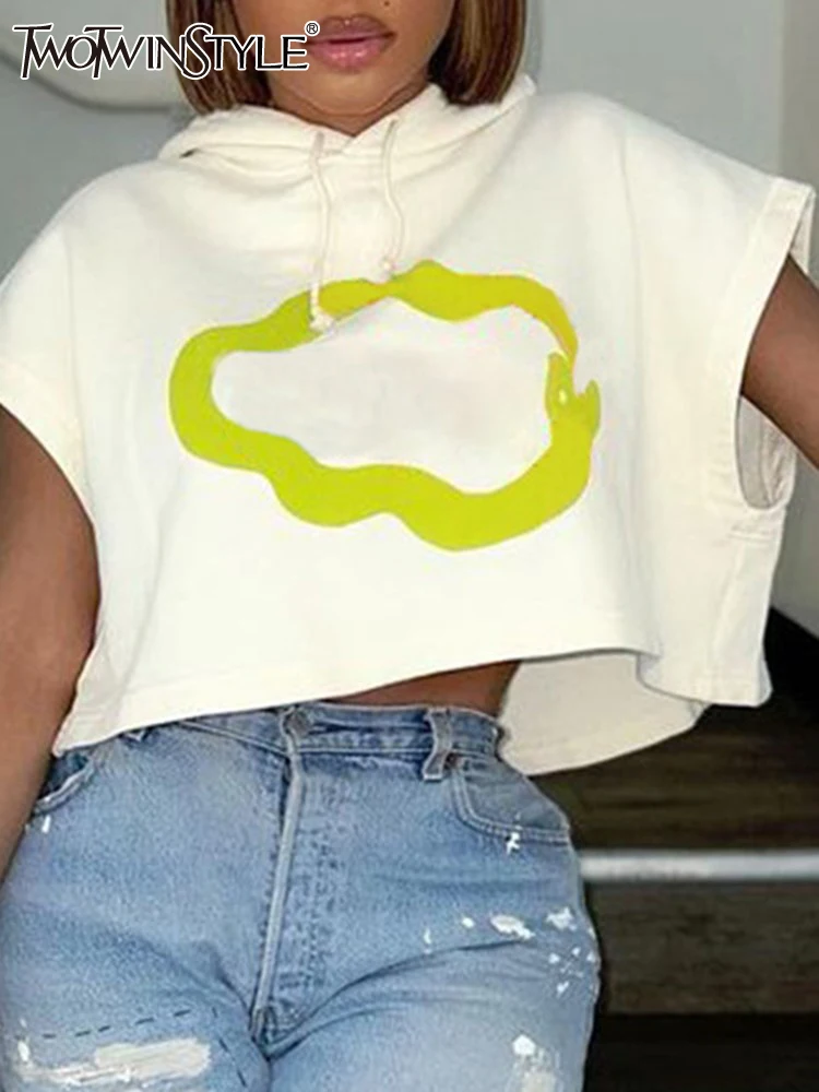 

TWOTWINSTYLE Printing Pullover Sweatshirts For Women Hooded Collar Patchwork Drawstring Sleeveless Loose Crop Top Female Fashion