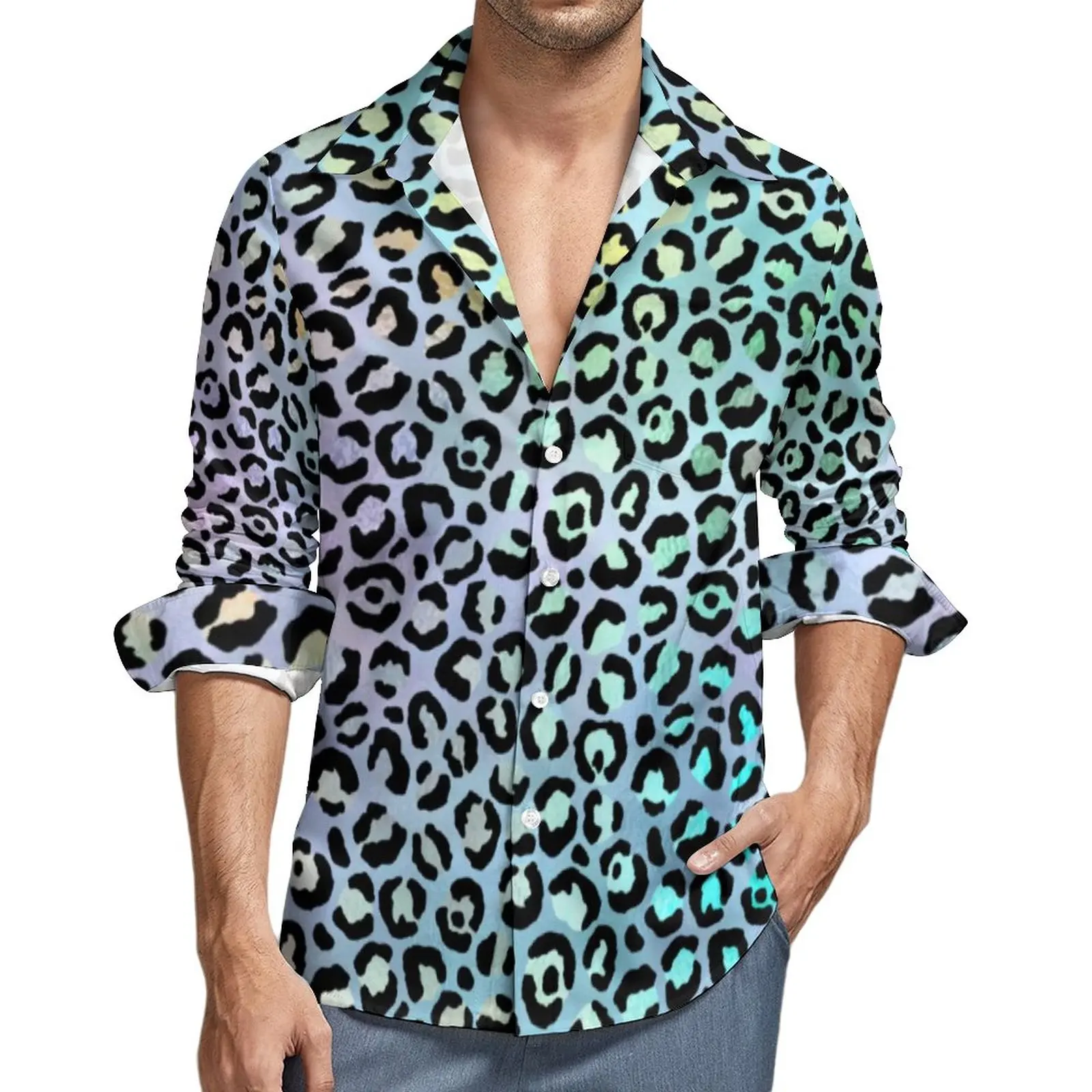 

Стильная Повседневная рубашка с радужным леопардовым принтом, мужская рубашка, Весенняя трендовая блузка с длинным рукавом, дизайнерская о...