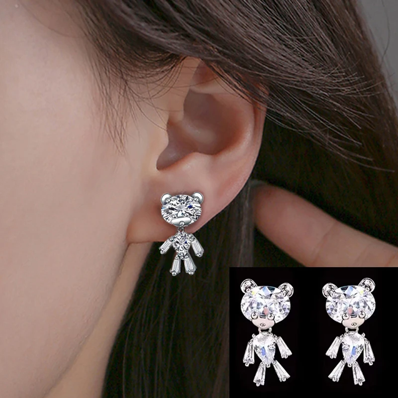 

Fashion Shine Bling Zircon Bear Earrings Cute Sweet Luxury Inlay White Gold Color Romantic for Women Earrings Pendant