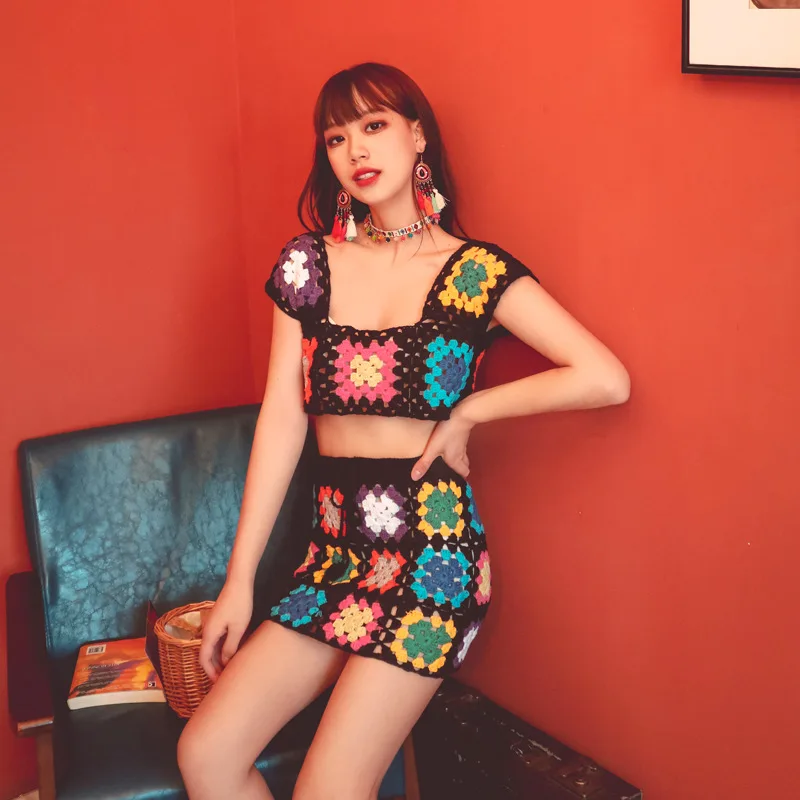 

Women Summer BOHO Crochet Bohemian Floral Pattern Crop Top Mini Skirt Set