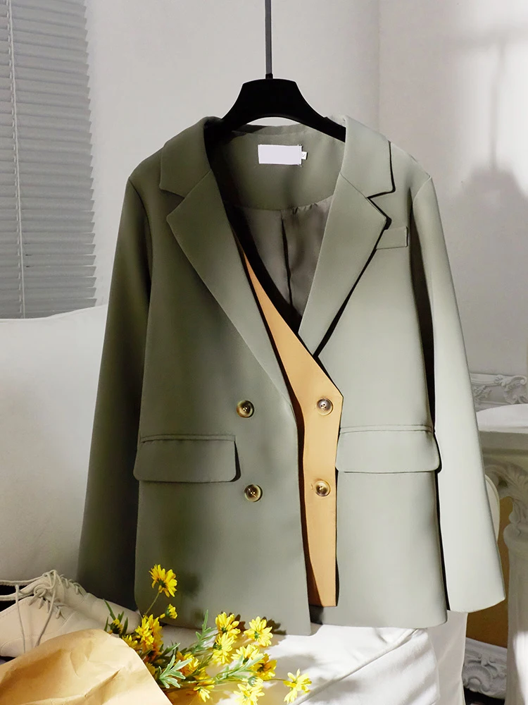 

Vintage Patchwork Women Autumn Winter Blazer Jacket Lapel Baggy Long Sleeve Basic Female Suit Coat Office Lady Korean Style