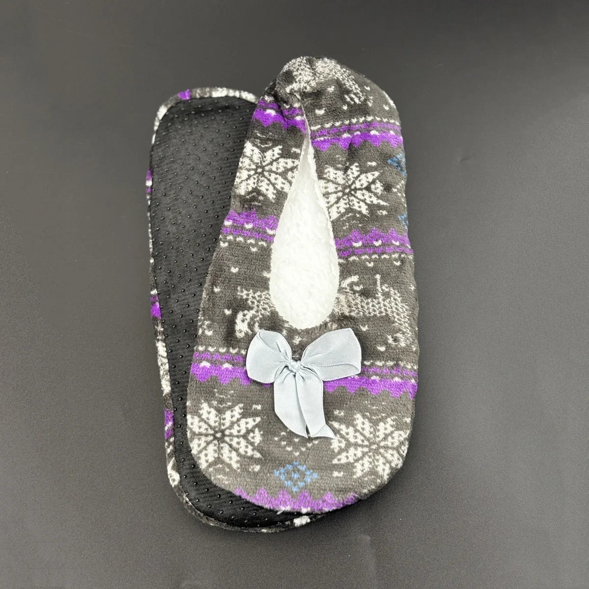 Пушистые женские напольные тапочки с бантом и снежинкой зимние теплые толстые