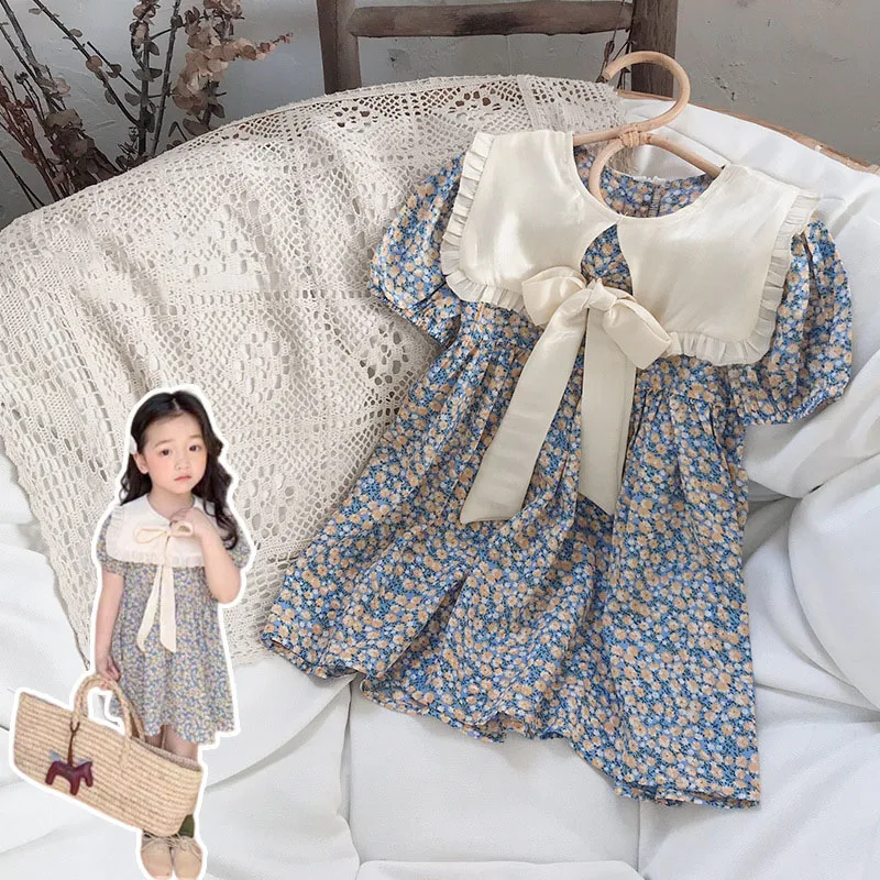 

2-8T Casual Girls Dresses Toddler Kid Clothes Summer Short Sleeve Floral Dress for Girls Bow Cute Sweet Cotton Princess Dress