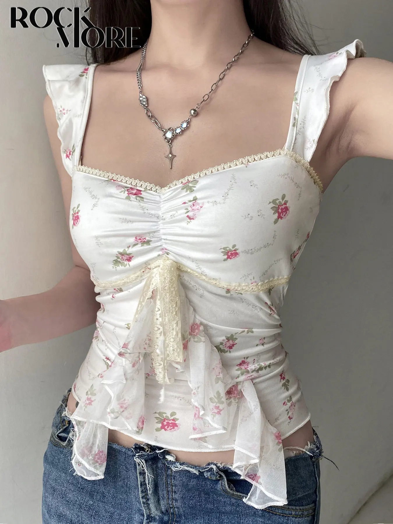 Винтажная женская вязаная майка Rockmore Mika с цветочным принтом без рукавов короткая