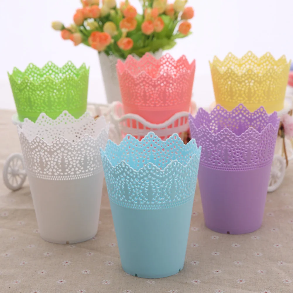 

Flower Pot Plastic Hollow Flower Holder Succulents Potted Plant Pot Crown Lace Pierced Flower Vase Storage Home Desk Accessory