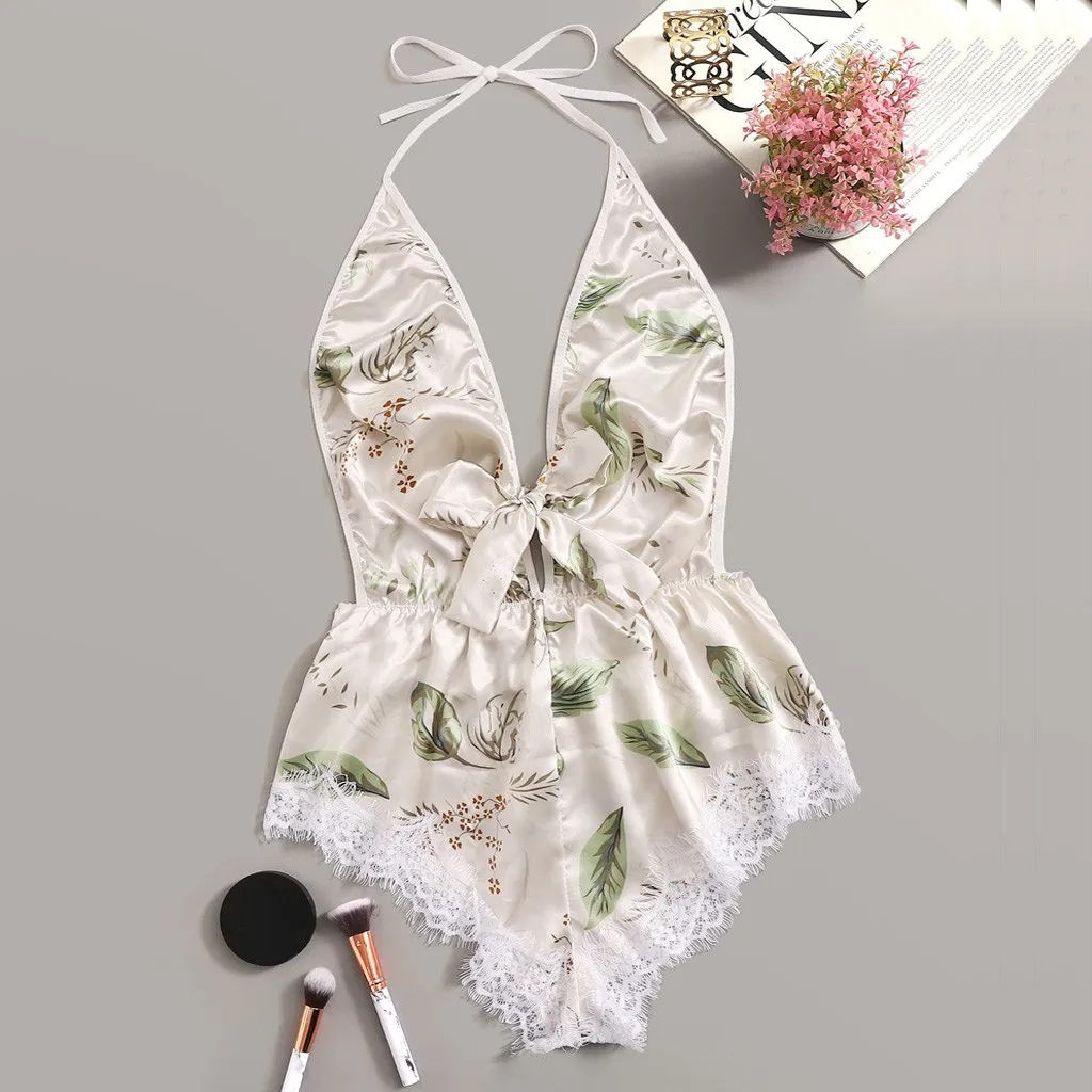 

2023 New Fashion Women Printing Lace Pajamas And Nightwear Set Stain Bow Lingerie Bodysuit Backless Pajamas Silk Jumpsuit