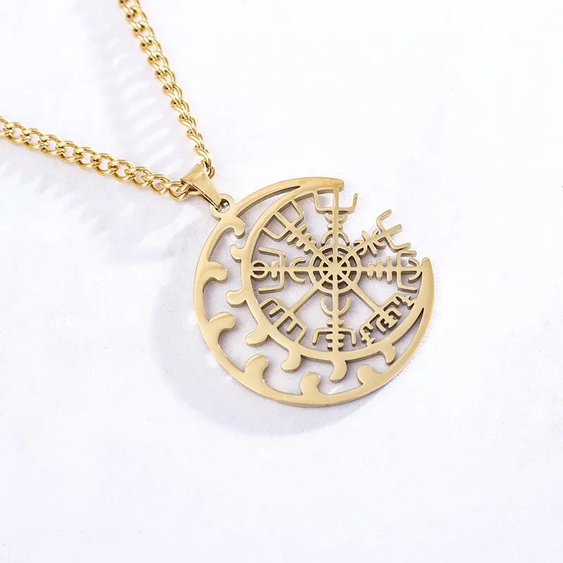 

Stainless Steel Viking Compass Necklace Men's Nordic Rune Moon Awe Helmet Vegvisir Pendant Amulet Jewelry