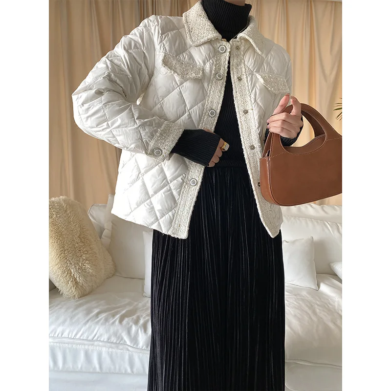 Turn-Down Neck Fashion Women Coat Jackets Winter Patchwork Wool Elegant Loose Casual Lady Quilted Coats Clothing