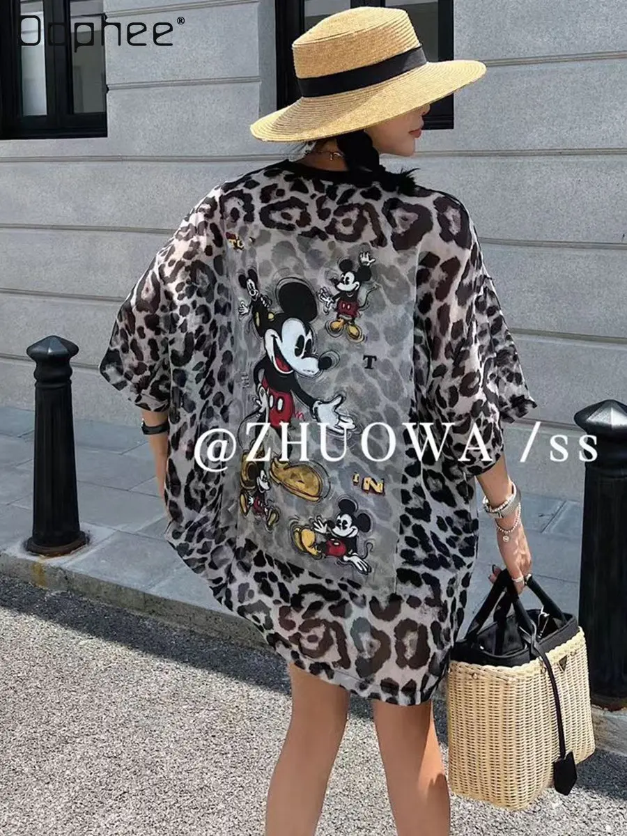 

Korean Style Loose Mid-Length Cartoon Leopard Print Short Sleeve T-shirt Female 2023 Summer New Round Neck Printed Chiffon Top