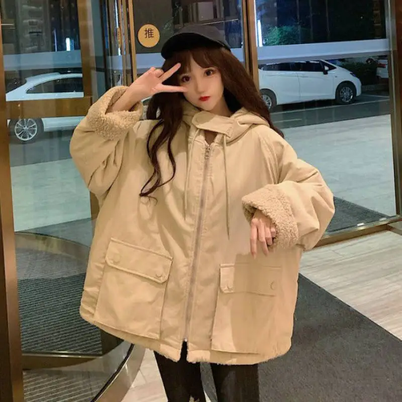 Women Oversized Parkas Hooded Thick Coat Ladies Soft Kawaii Jackets Double Sided Outerwear Autumn Winter Warm Long Sleeve Tops