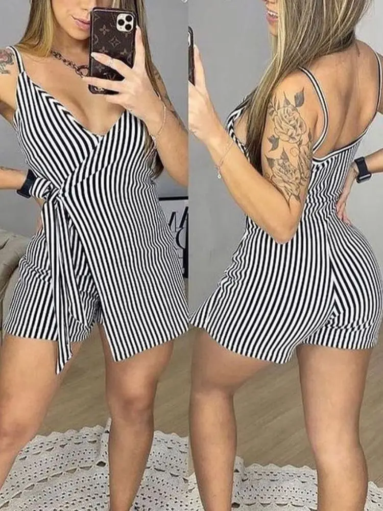 

Shein Romwe Female Romper Summer V-Neck Striped Print Tied Detail Cami Romper Chic Casual One Piece Outfit Women Frete Gratis