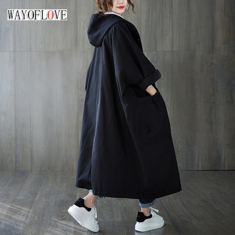 

WAYOFLOVE Streetwear Loose Long Trench Coat Hooded Loose Korean Elegant Autumn Winter Coats Women Casual Single Breasted Outwear