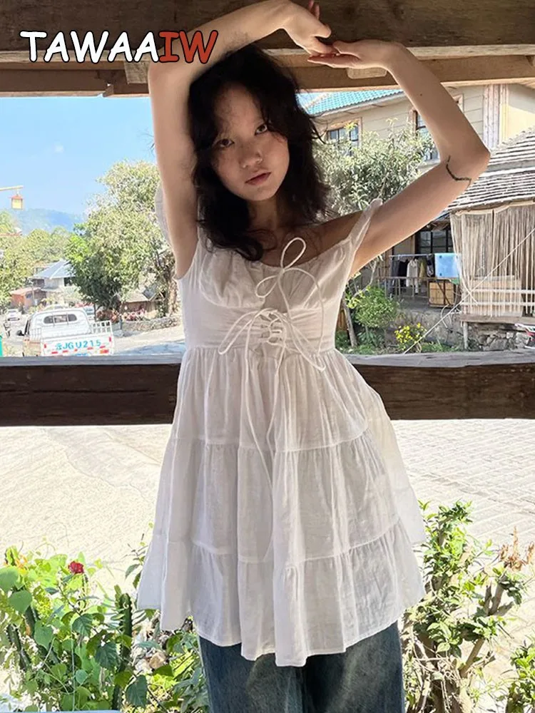Женский топ на бретельках Tawaaiw, Длинный топ из хлопка и льна в японском стиле, топ без рукавов, топ на шнуровке белого цвета, шикарная майка, Y2K, лето 2023