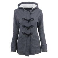 autumn winter thick hooded jacket parkas women single breasted horn button warm coats solid color pocket casual commute outwears