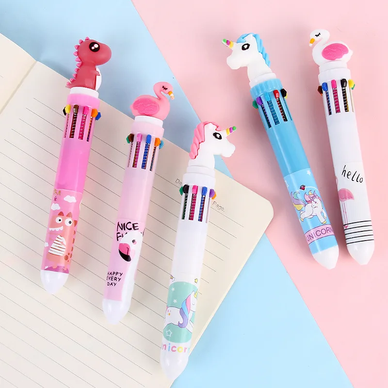 

10 Color Cute Animal Cartoon Ballpoint Pen Unicorn Flamingo Dinosaur School Office Supplies Kawaii Stationery Multi Color Refill