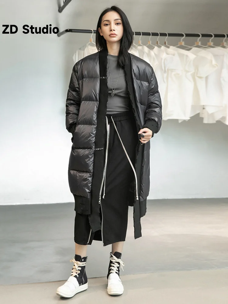 

[ZD Studio] Loose Fit Black Spliced Down Jacket New V-neck Long Sleeve Warm Women Parkas Fashion Tide Autumn Winter 2023 1DD1635