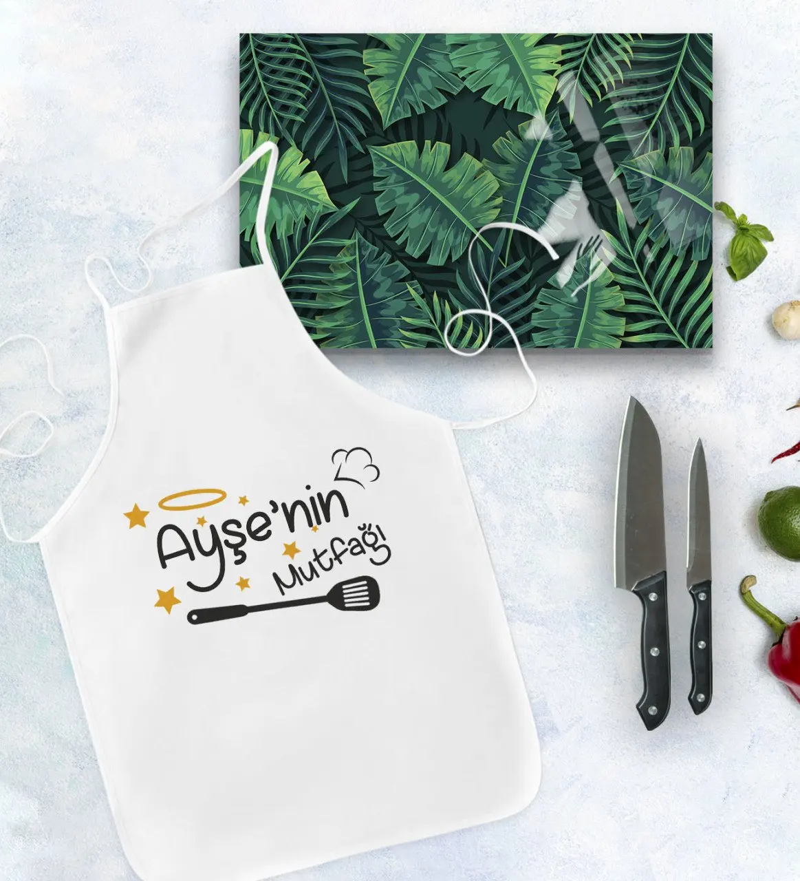 

Personalized kitchen apron and glass cutting tray gift set Model 22