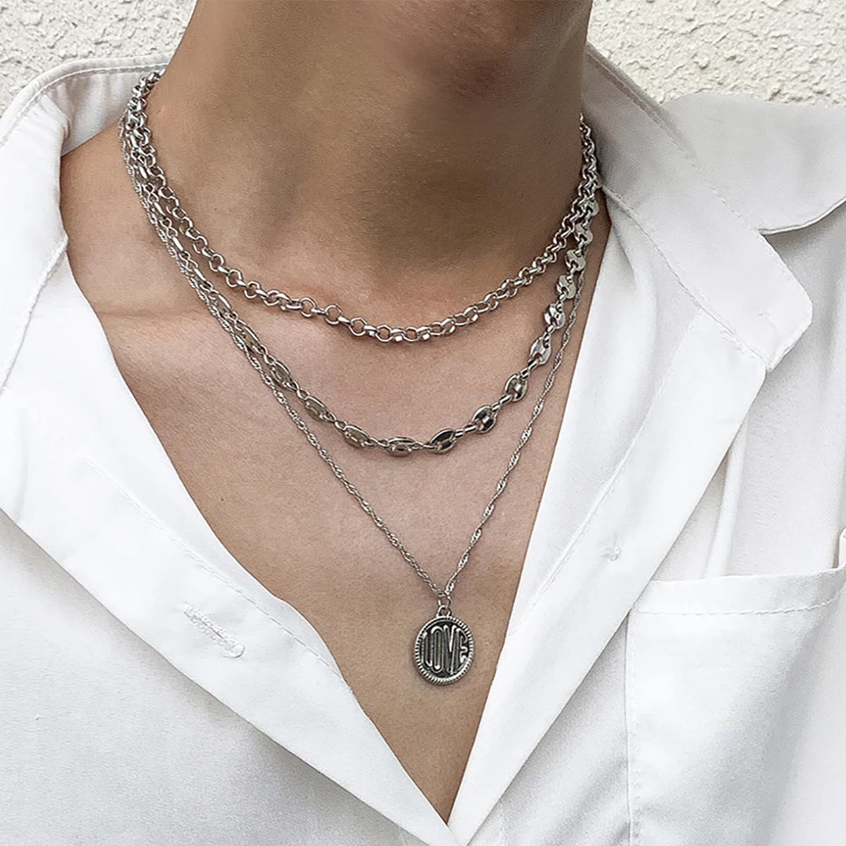 

KunJoe Multilayer Punk Letter LOVE Coin Pendant Necklace for Men Goth Silver Color Coffee Beans Pig Nose Link Chain Necklace