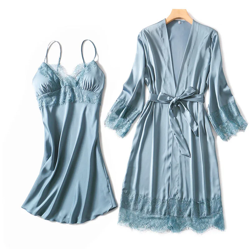 Women's Sleepwear 2 Pcs Sets Satin Silk Sleep Dress Sling Lace Dress and Robe Pajamas Set