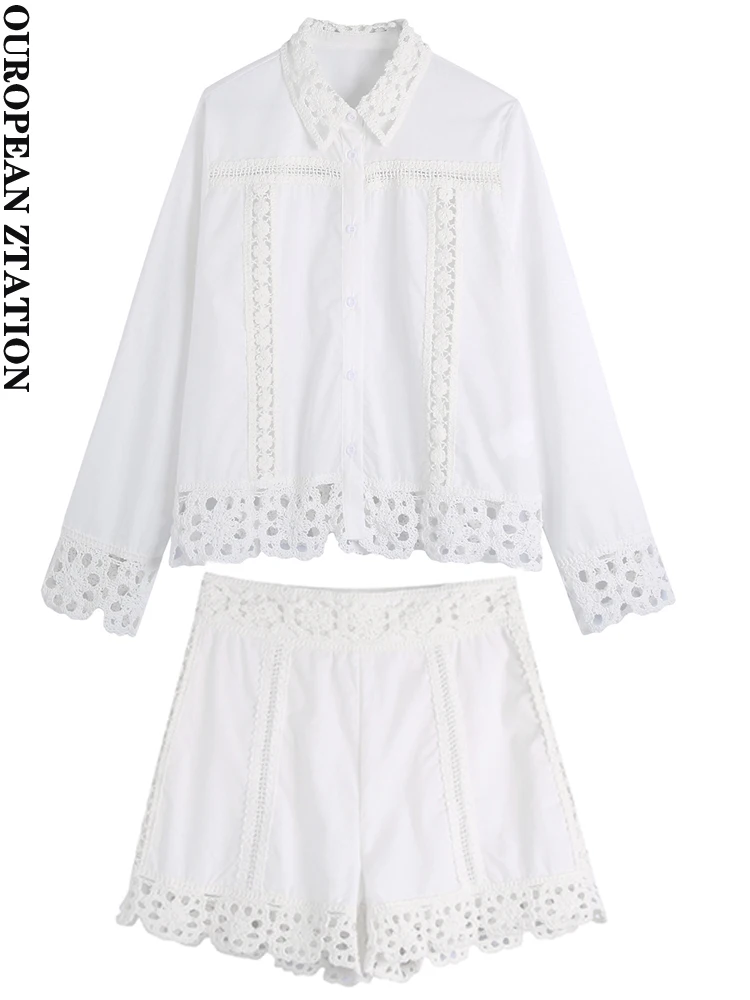 

PAILETE Women 2022 fashion patchwork crochet long sleeve button-up shirts chic tops or high waist patchwork crochet shorts