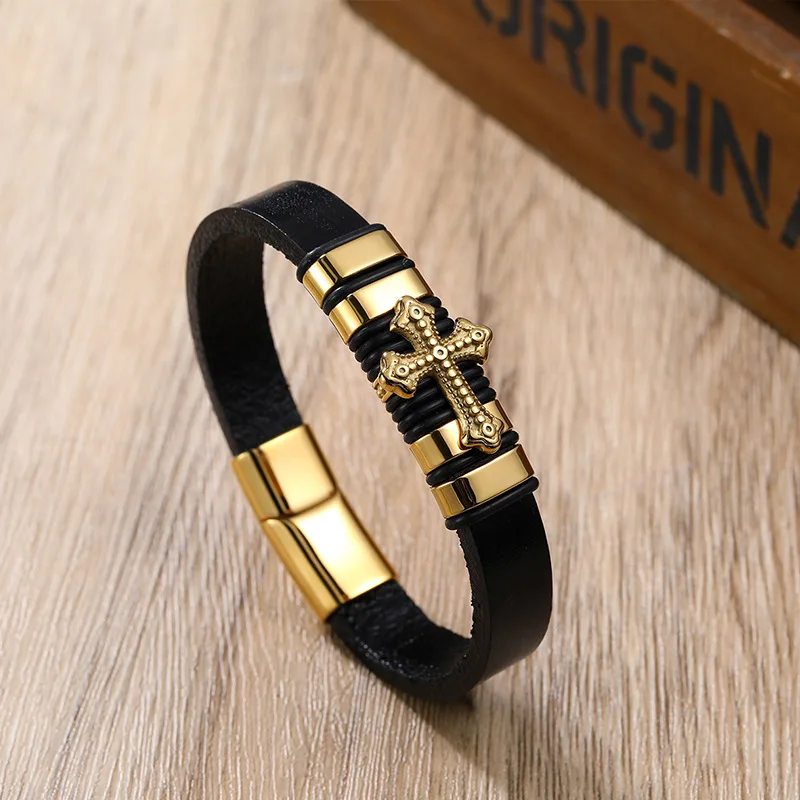 

Горячая Распродажа, европейский и американский браслет с крестом, новый браслет из натуральной кожи унисекс из нержавеющей стали, декорати...