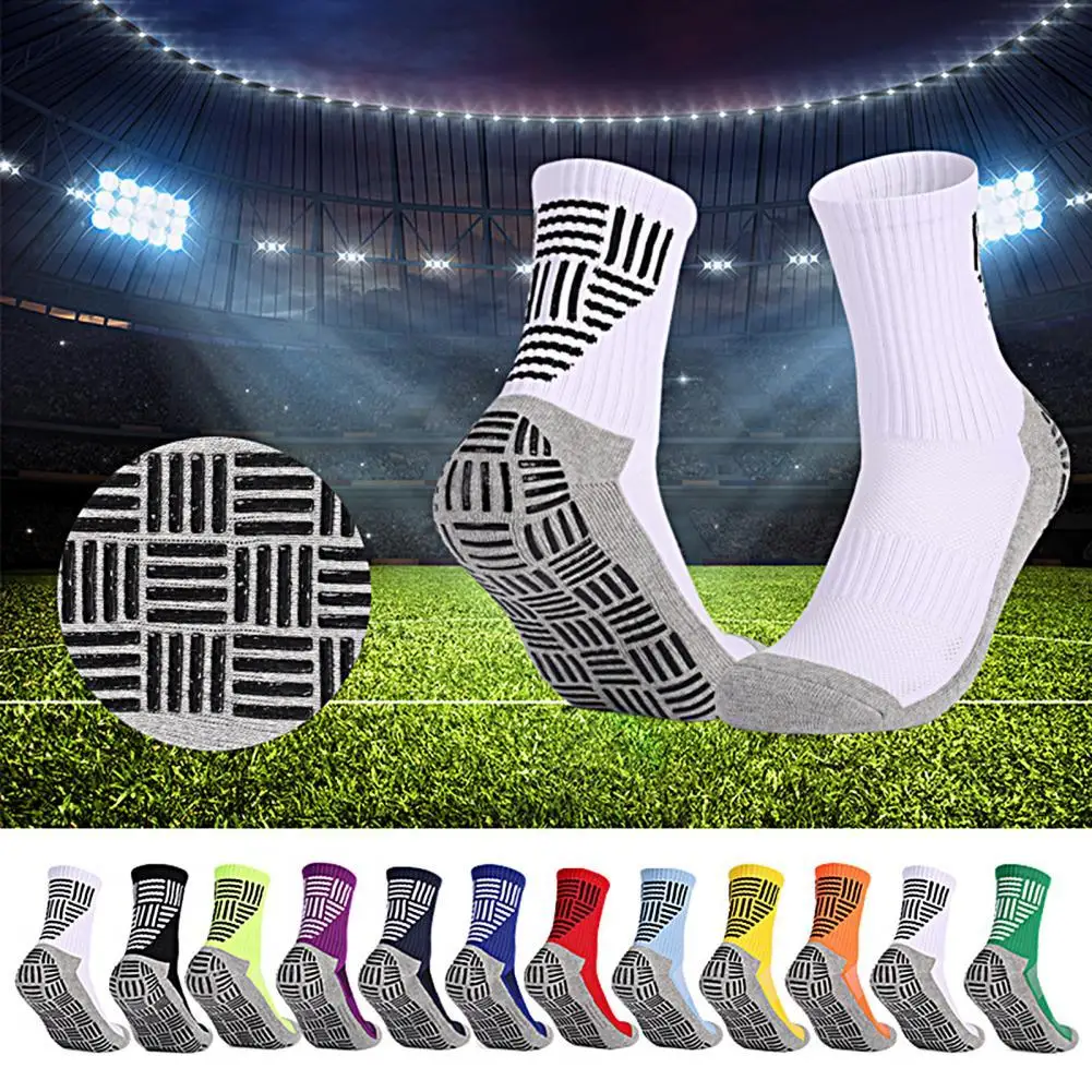 

1Pair Football Socks Anti-slip Sweat-absorbent Striped Mid Calf Men Soccer Cycling Sports Grip Socks Basketball Socks Sportswear
