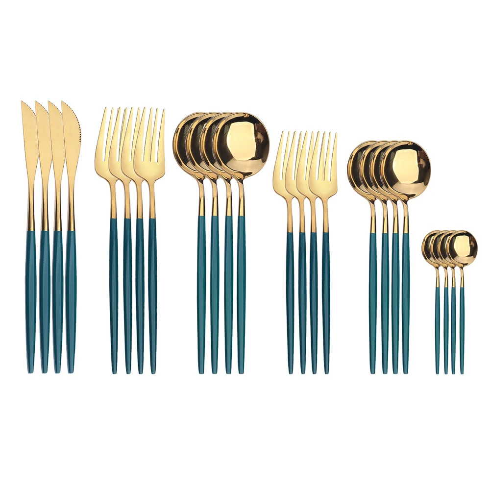 

Столовые приборы из нержавеющей стали, комплект из 24 зеленых золотых столовых приборов, десертная вилка, чайная ложка, нож, столовая посуда, подарок