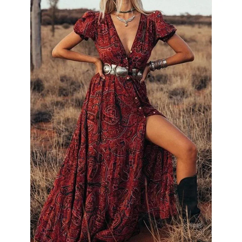 

2022 Spring And Summer Women Sexy Print V-Neck Short Sleeve Bohemian Holiday Dress