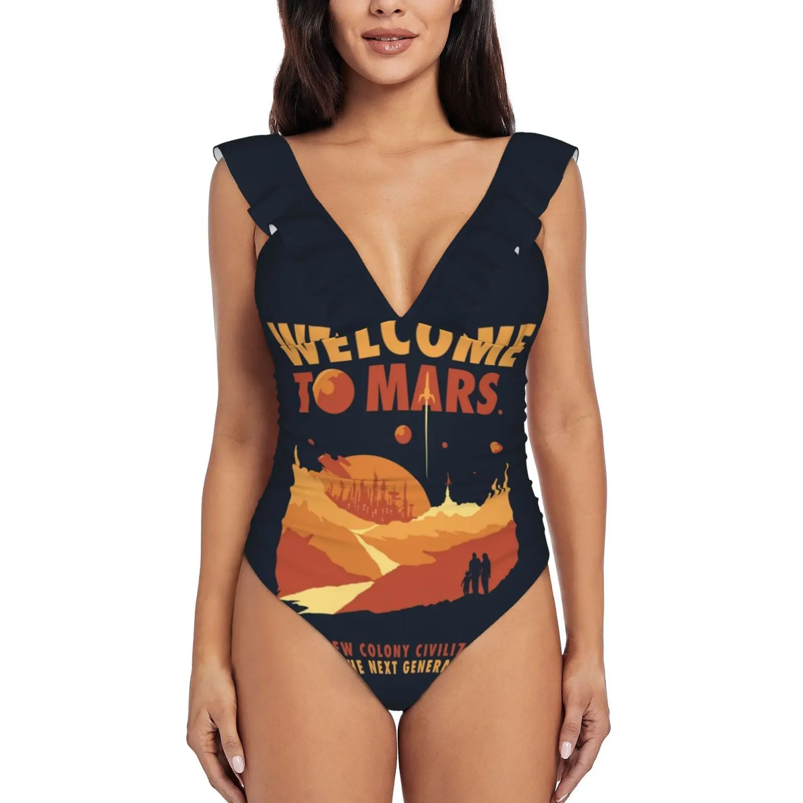 

Женский слитный купальник с оборками Welcome To Mars, купальный костюм монокини с принтом в стиле ретро, лето