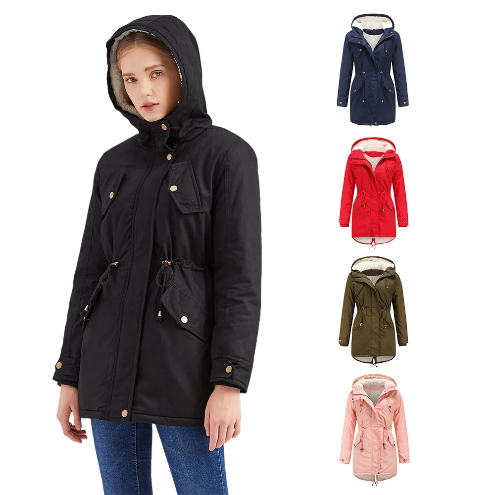 2022 Autumn and Winter New Women's Cotton Coat Women's Solid Color Hooded Parka Thickened Cotton Coat Plus Velvet Cotton Coat