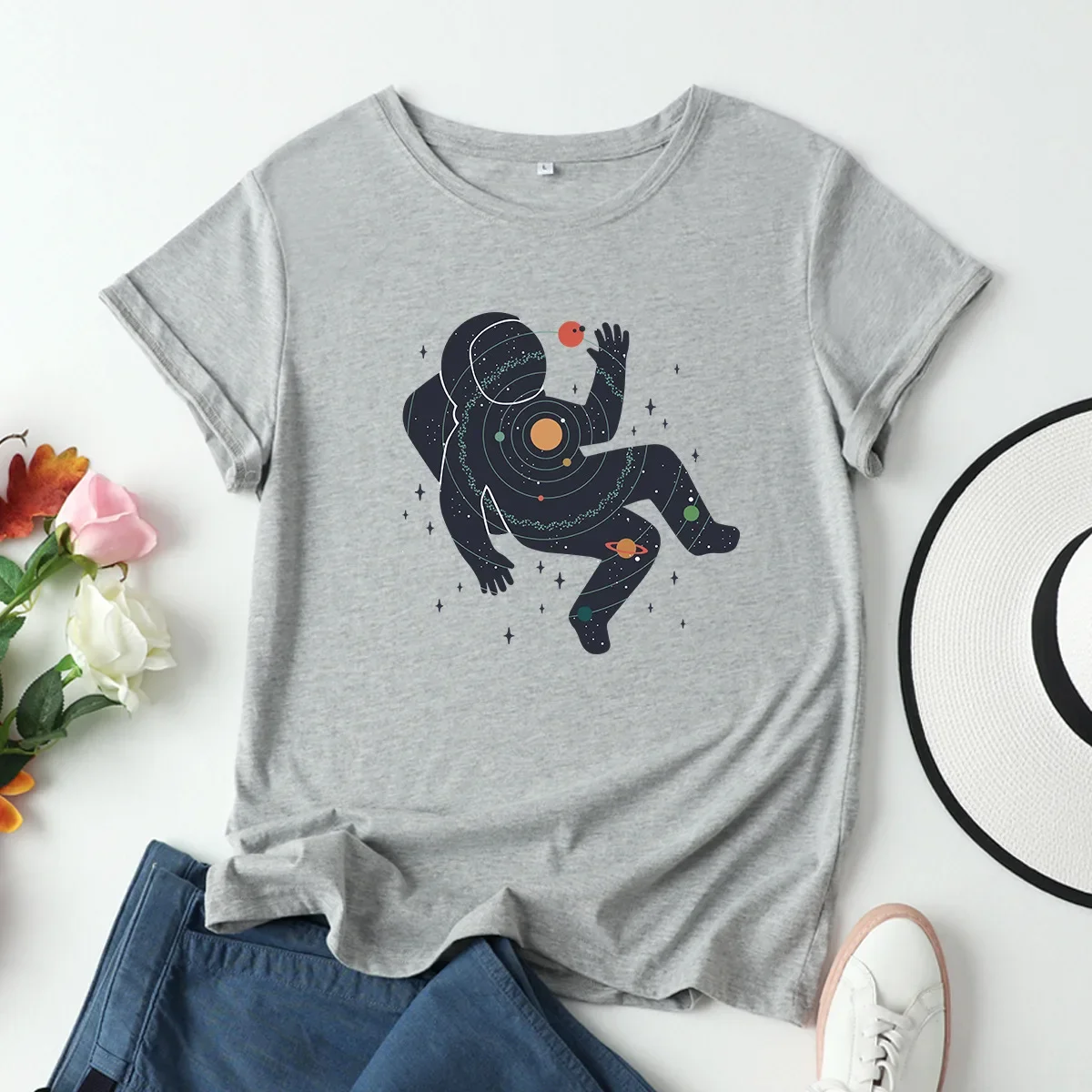 

Модная женская блузка из хлопка с принтом космический человек футболка с круглым вырезом и коротким рукавом серый 22