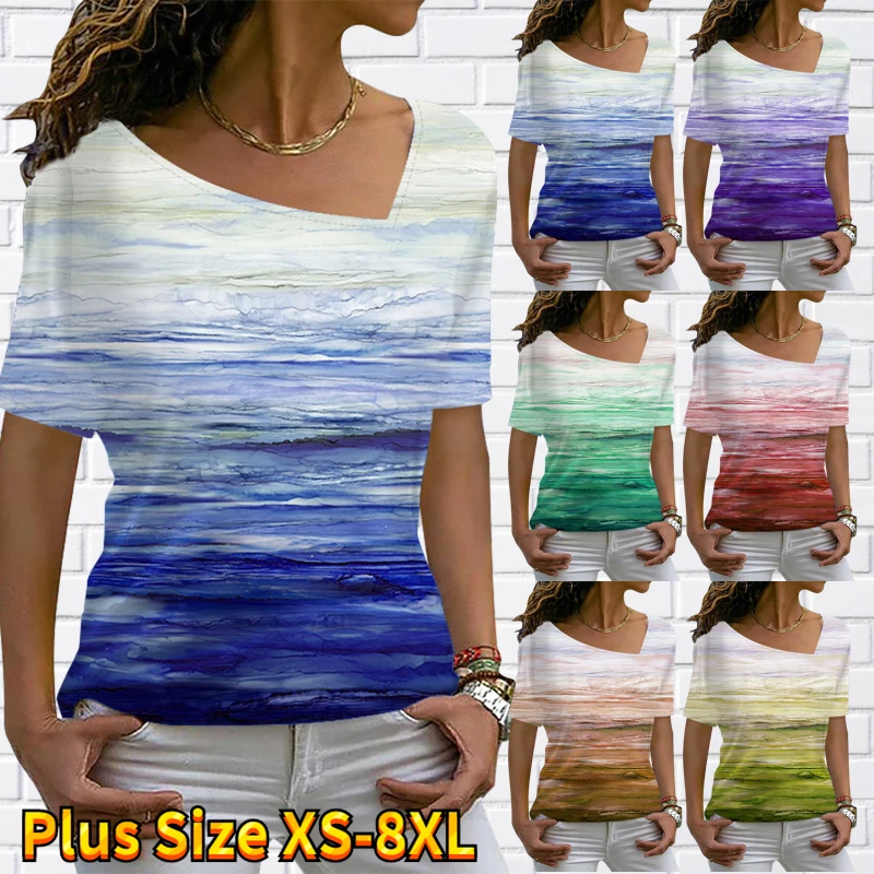 

Женский свободный пуловер, Повседневная футболка с коротким рукавом и V-образным вырезом, летний пикантный топ с принтом, 2023