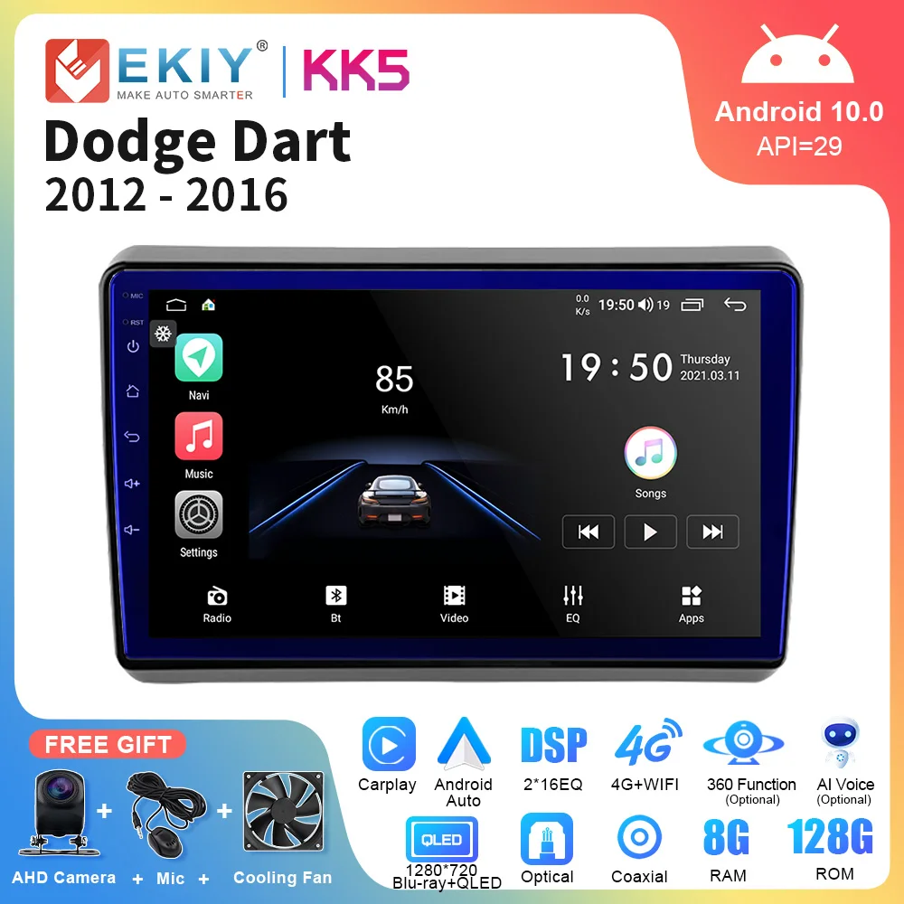 EKIY KK5 QLED Car Radio Android 10 For Dodge Dart 2012 - 2016 AI Voice Multimedia Video Player Navigation GPS 2din DVD Head Unit