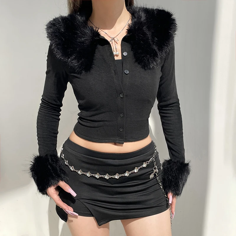 HEYounGIRL Y2K меховой лоскутный кардиган футболка винтажный черный зимний