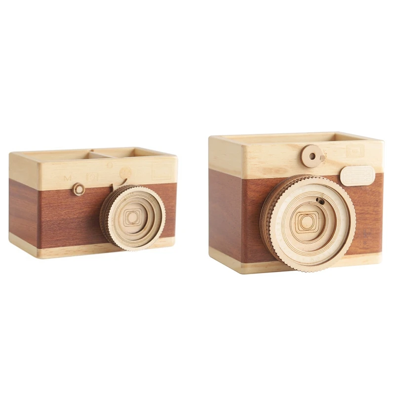 

Desktop Pencil Holder, Remote Control Storage Stand, Creative Retro Wooden Camera-Shaped Pen Holder