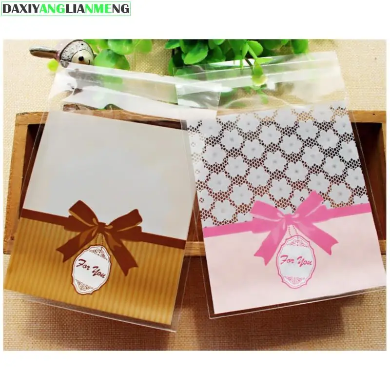 

400pcs/lot-2color-10x10+3cm Beautiful Lace Brown/Pink Bow self-adhesive Bags Biscuit Snack Baking Package Bag Candy Bag