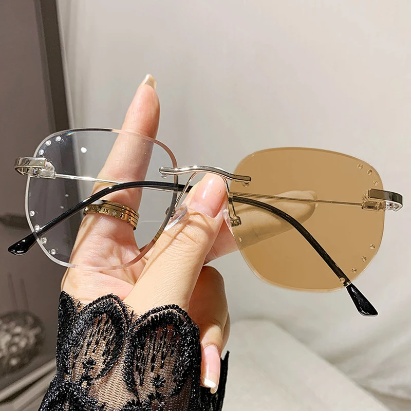 Необычные фотохромные очки без оправы новые модные уличные меняющие цвет