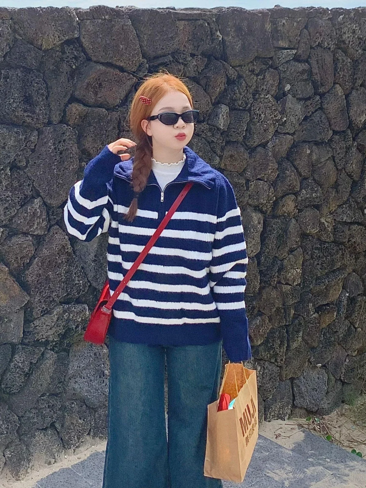 Американский пуловер на молнии с полуоткрытым воротником в полоску свитер 2024