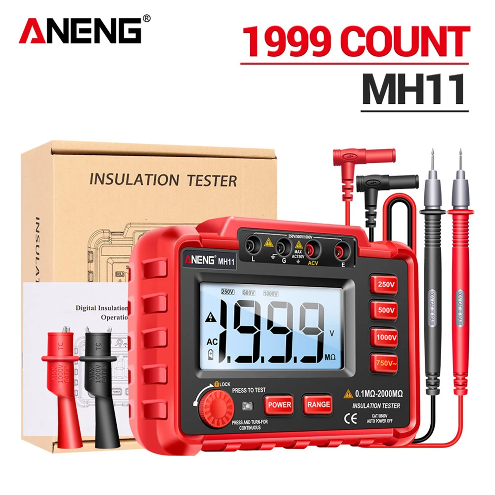 

ANENG MH11 Insulation Earth Resistance Tester Digital Ground Resistance Meter Ohm Voltage Tester Megohmmeter Megger Meter Red