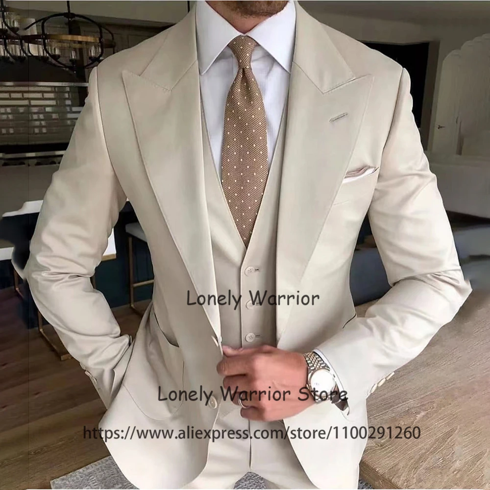 Fashion Ivory Men Suits Slim Fit Wedding Groom Tuxedo Formal Banquet Blazer Best Man 3 Piece Set Jacket Vest Pants Costume Homme