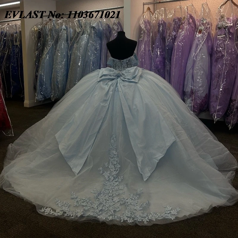 Блестящее синее платье EVLAST Quinnceanera бальное 3D Цветочная аппликация бисер бант