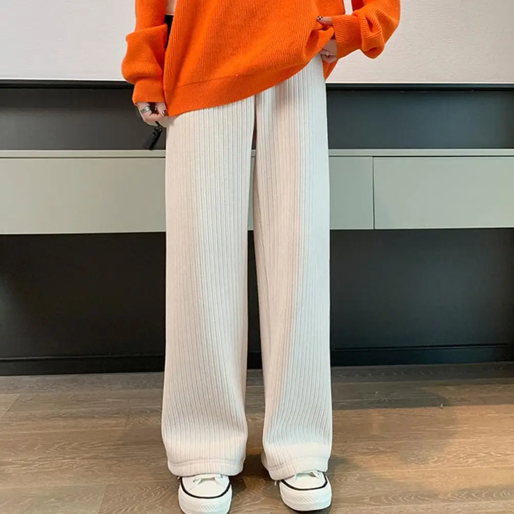 

Women Pants Fleece Solid Color Elastic Waist Wide Leg Loose Warm Full Length Striped Texture Trousers Simple Style Lady Pants
