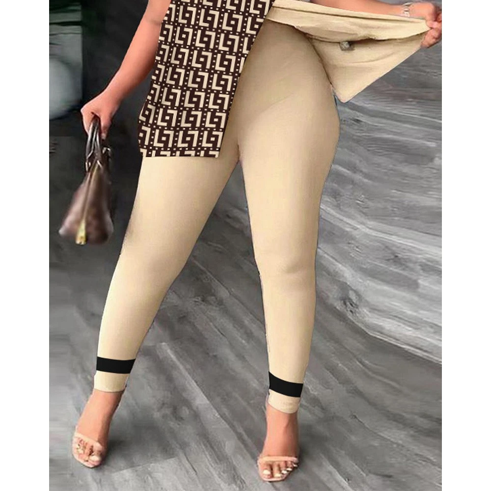 2023 Women's New Summer Fashion Geometric Print Plus Size Short Sleeve Split Hem Oblique Tops & Pants Set Femme Casual Suit Sets